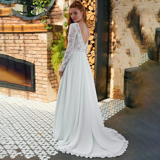 Long Sleeves Boho Outdoor Wedding Dress V Neck Sweep Train Customized Destination Elopement Chiffon Lace Backless Bridal Gowns