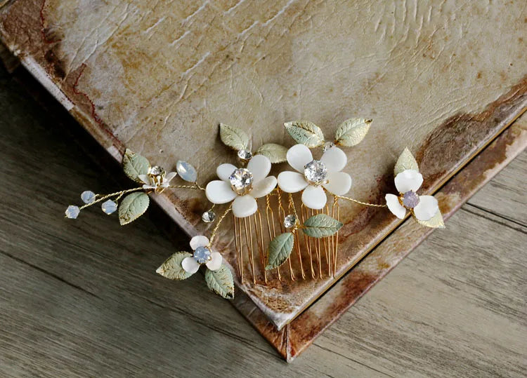 Opal Crystal Hairpins Flower Leaf Headpieces Headdress Brides Women Hair Combs Pins Clips Wedding Jewelry Bridal Accessories