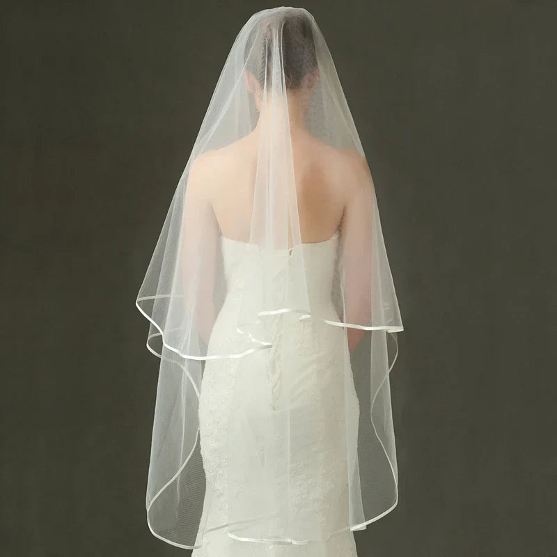 TOPQUEEN V97 Wedding Veil Long Bridal Veils 2 Layer Ribbon Edge Veil for Bride 3 Meters Wedding Accessories Veu de Noiva