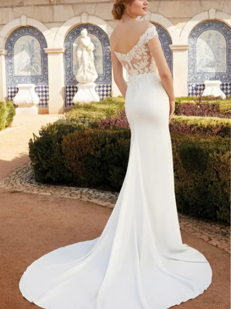 See-through satin mermaid off-shoulder tulle appliqued bridal gown front view