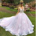 Princess pink lace applique pearls sheer neck long sleeves garden wedding dress bridal gown