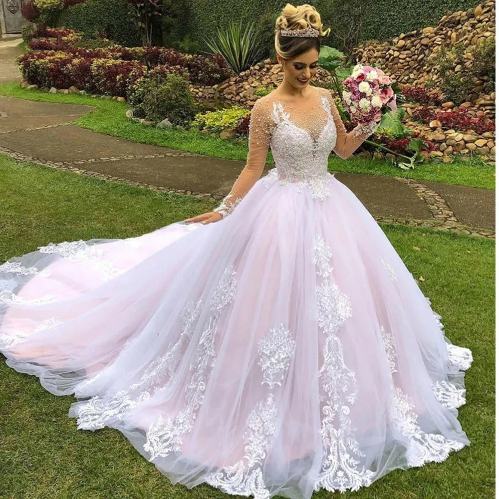 Princess pink lace applique pearls sheer neck long sleeves garden wedding dress bridal gown