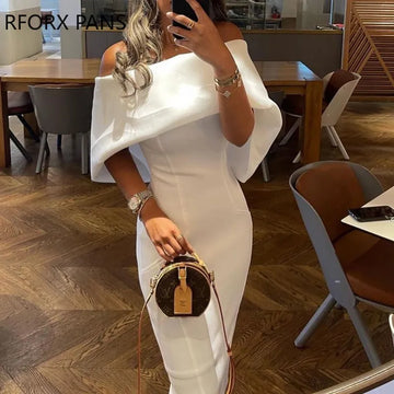 Women Solid Elegant  Off   Shoulder Midi Bodycon Party Formal White Dress