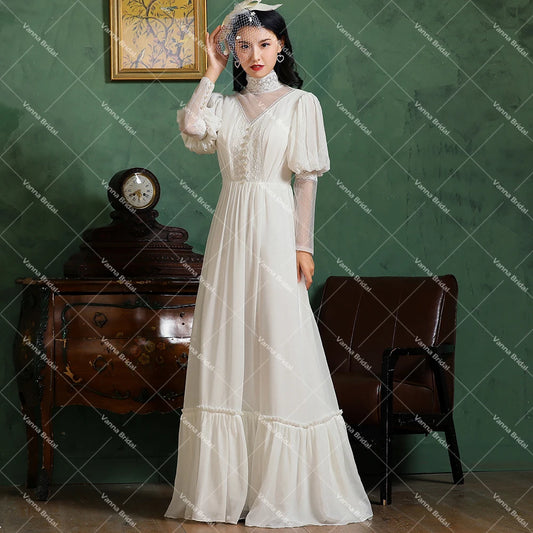 Victorian High Neck Chiffon A Line Bridal Gown Pearl Customized Long Lantern Sleeve Lace Plus Size Pleats Muslim Wedding Dress