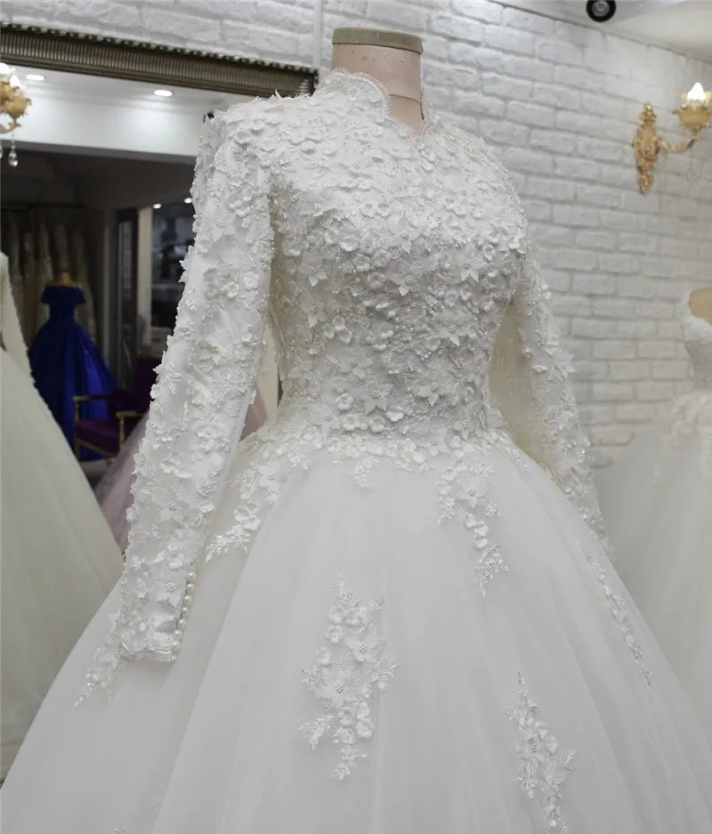 Muslim wedding dress Dubai high neck 3D flowers pearls long sleeves bridal gown
