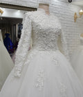 Dubai high neck 3D flowers pearls long sleeves Muslim wedding dress bridal gown ivory