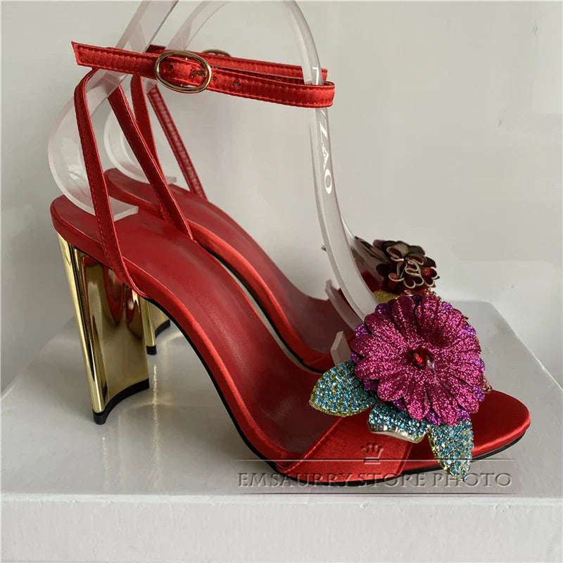 Bling sequins crystal flower ankle strappy luxury satin metal heel party women sandals back view