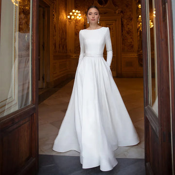 customized Satin Wedding Dresses O-neck White robe de mariée Long Sleeve A Line Bridal Dresses Vestido de Novia With pocket