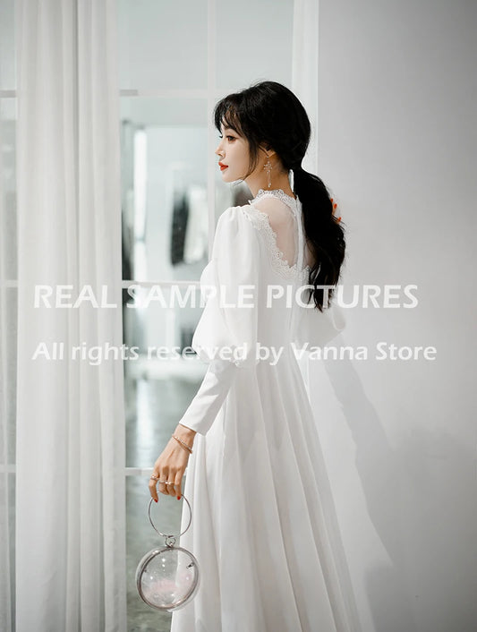 Simple Satin Mock Neck Bridal Gown Lace Long Sleeves Customized Soft A Line Buttons Vintage Wedding Party Dress Real Photos