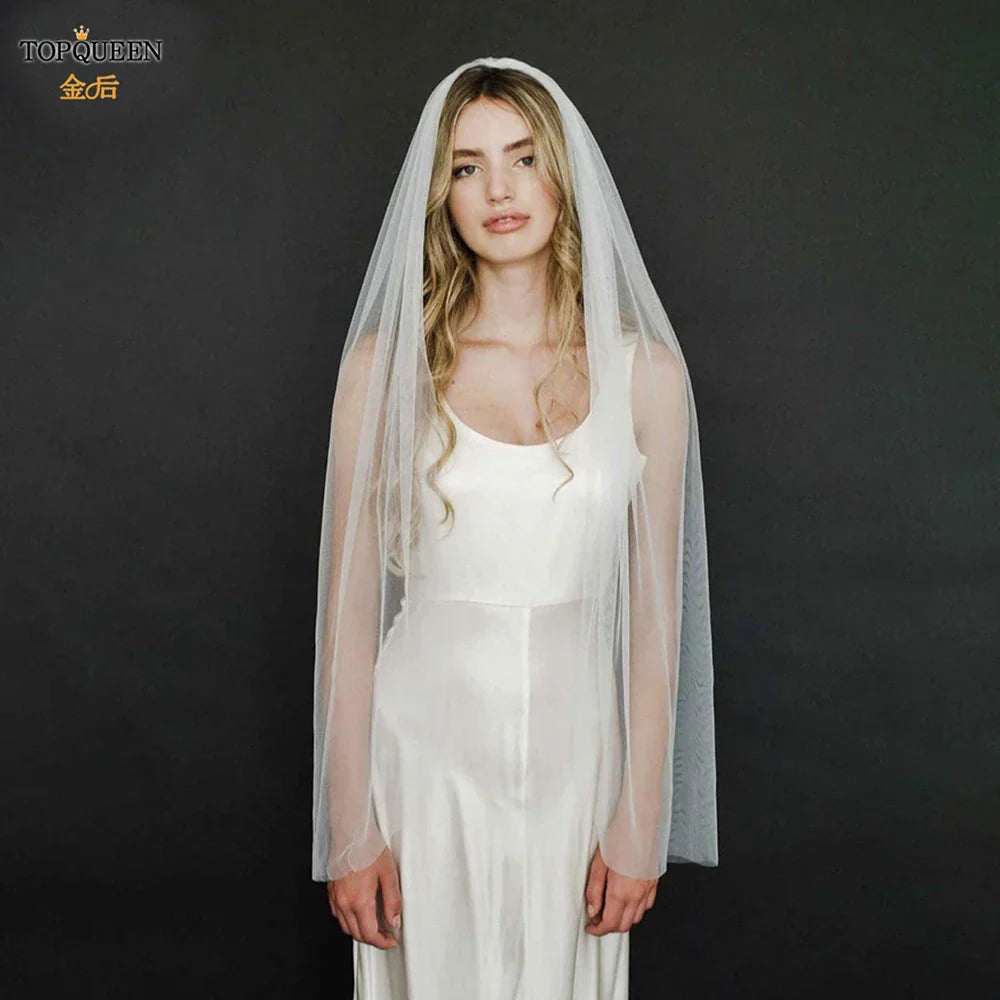 TOPQUEEN V30 1 Tier Cute Edge Bridal Wedding Veil for Bride Elegant Wedding Short with Comb Elbow Length Cathedral High Quality