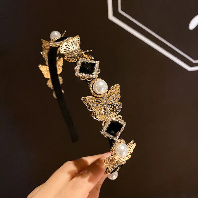 Golden Butterfly Rhinestone Luxury Headband Headwear Baroque Crown Metal Flower Bee Hairband for Women Vintage Hair Accessories