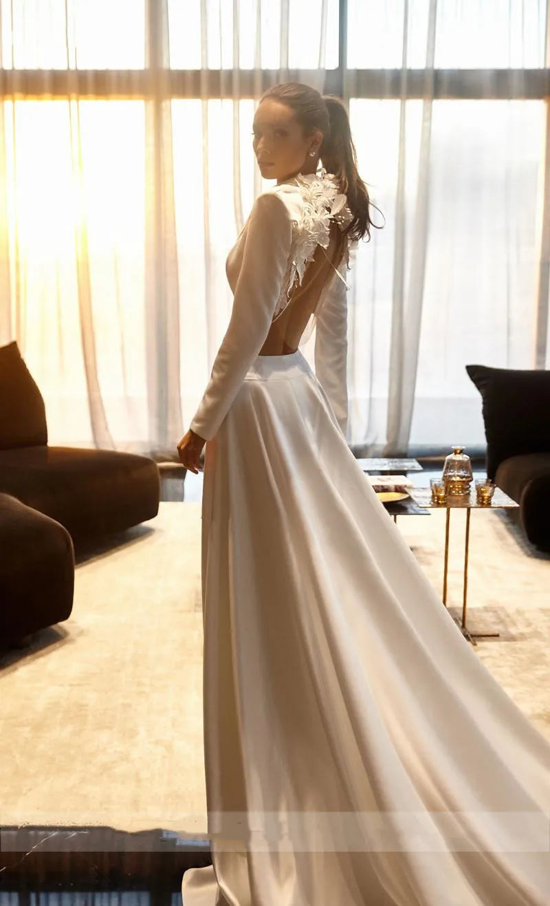 Satin jacket V-neck long sleeves elegant side split flowers bridal gown front view