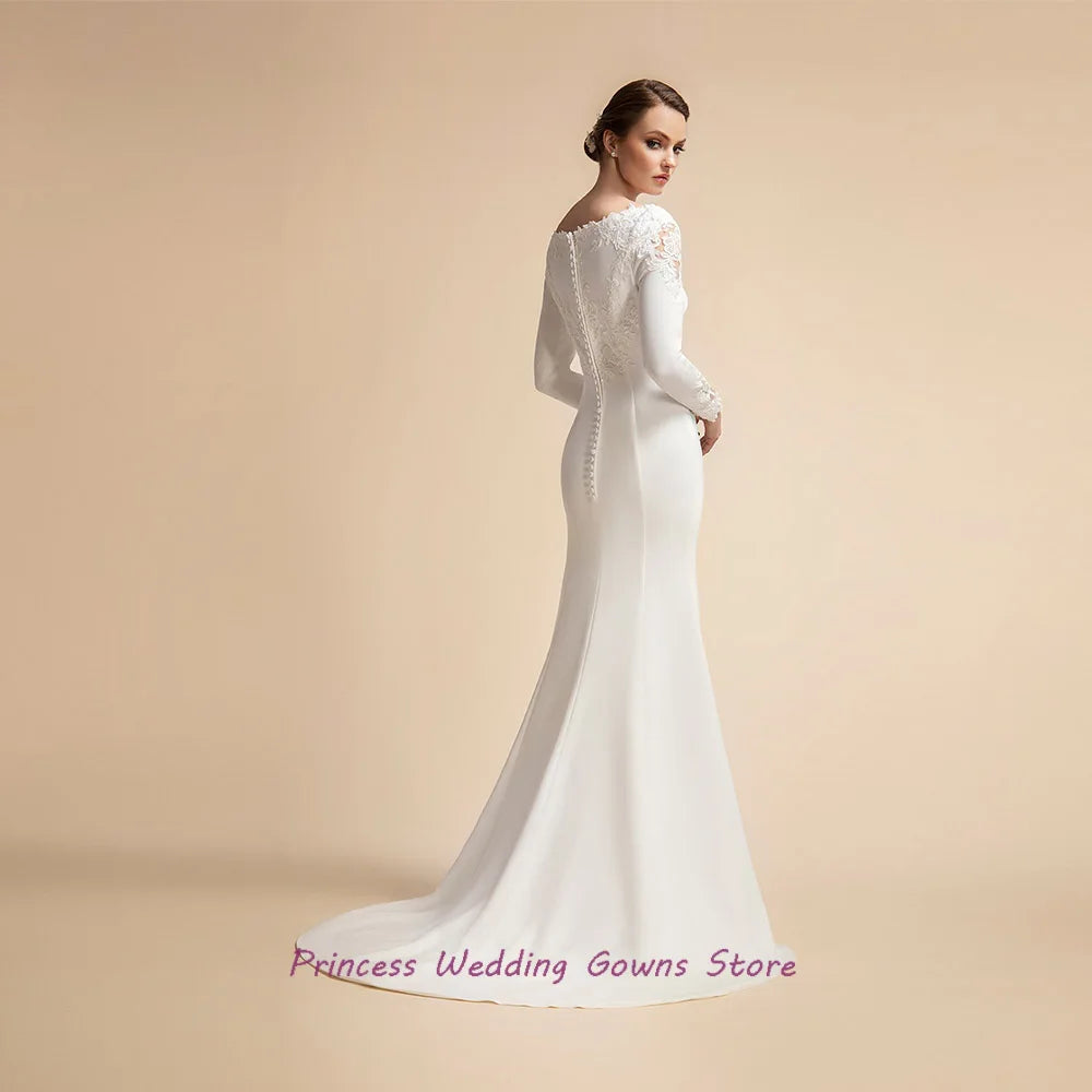 Customized Elegant White Mermaid Wedding Dresses Bride Scoop 2022 Beach Civil Bridal Gown For Woman Sweep Train Applique Vestido