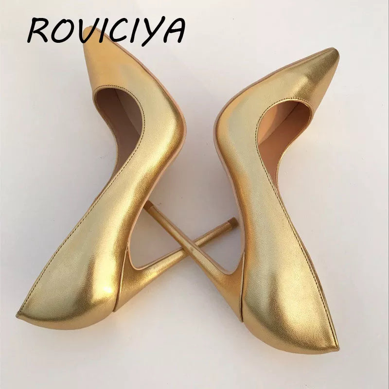 Gold pointed toe 12cm high heel stiletto pumps prom women shoes