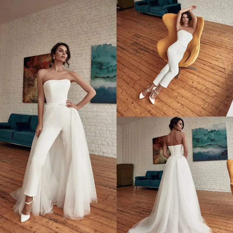 Strapless wedding jumpsuit detachable train beach boho bride pant suit custom made party bridal dress