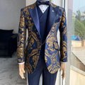 Floral jacquard tuxedo slim fit navy blue gold 3 piece men wedding suit jacket vest pant