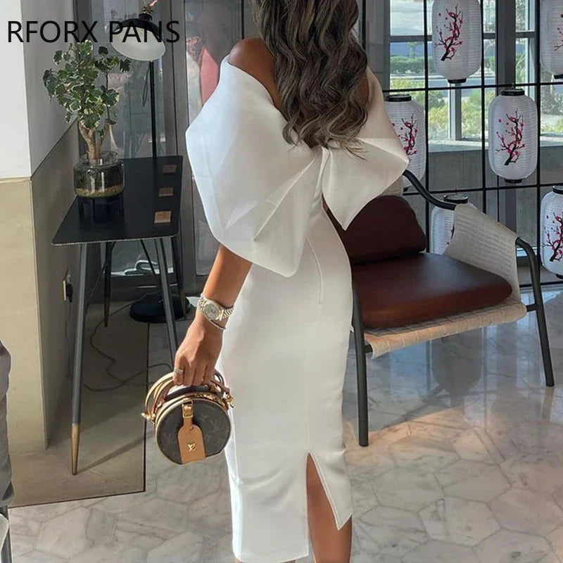 Women Solid Elegant  Off   Shoulder Midi Bodycon Party Formal White Dress