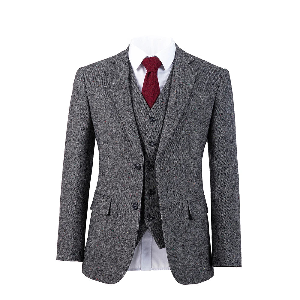 Vintage grey wool tweed wedding suits men bridegroom groom blazer slim fit custom tuxedo