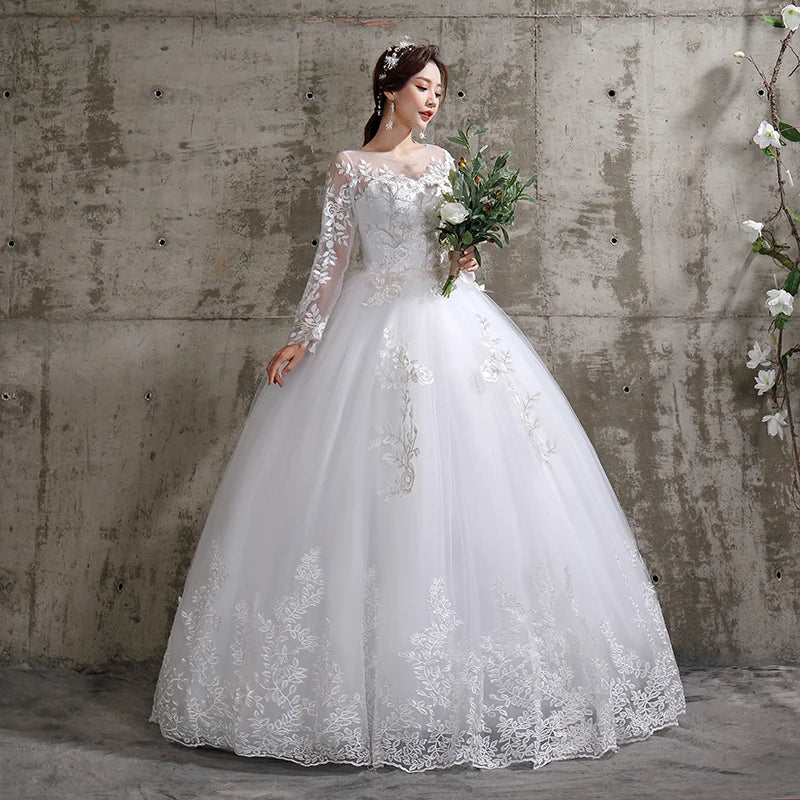 Plus size full sleeve lace-up ball gown wedding dress – front view – Snowy Bridal