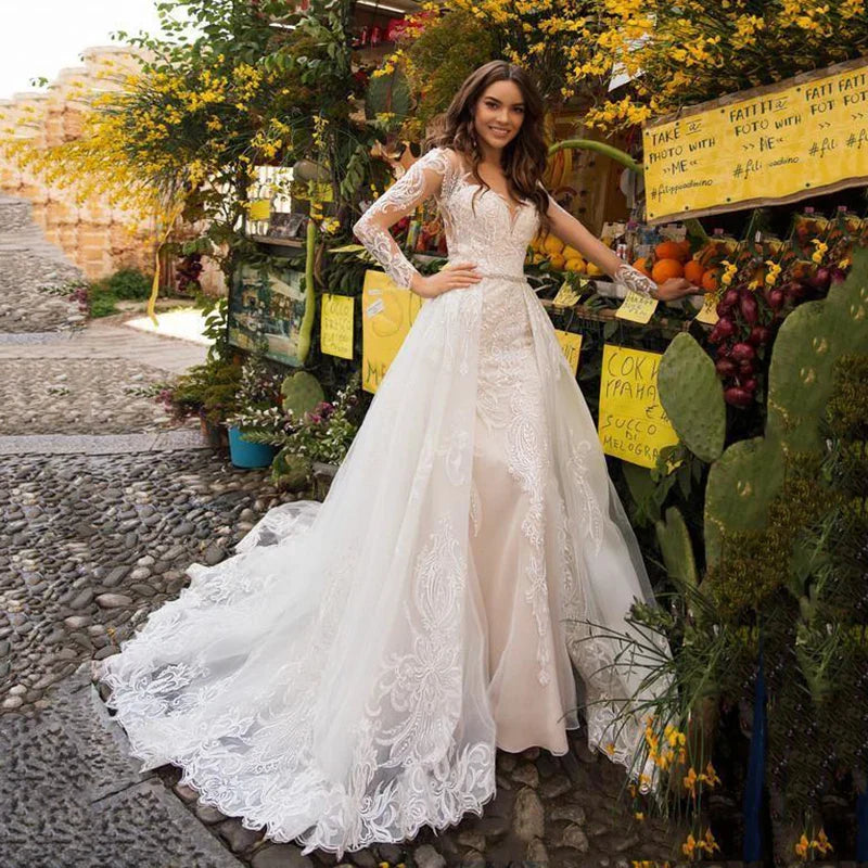 Luxury V-neck lace long sleeve mermaid detachable train bridal gown size chart
