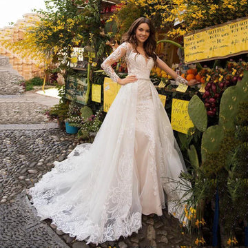 Luxury V-neck lace long sleeve mermaid detachable train bridal gown size chart