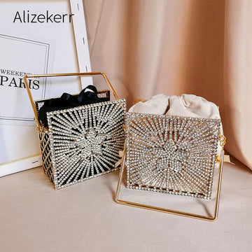 Shiny star Diamonds Evening Bags Women New Luxury Rhinestone Metal Cage Clutch Purse Female Chic Hollow Out Shoulder Bags