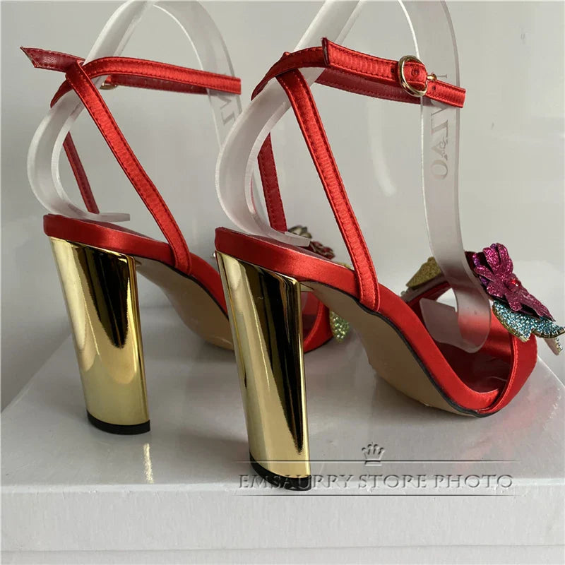 Metal heel luxury ankle strappy satin crystal flower bling sequins party women sandals close-up