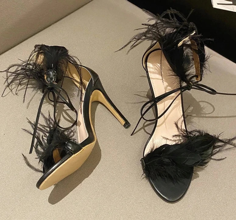 New PU Fashion Peep Toe Sandals Women's Summer Thin Heels Shoes Party Sexy Basic Solid Sweet FEATHER Elegant White