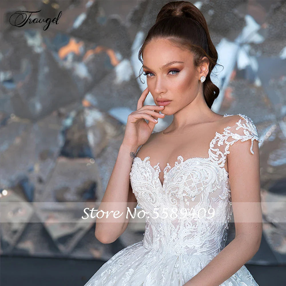 Traugel Sexy Backless Lace Vintage Wedding Dresses Chic Applique Short Sleeve Cathedral Train A Line Bridal Gown Plus Size