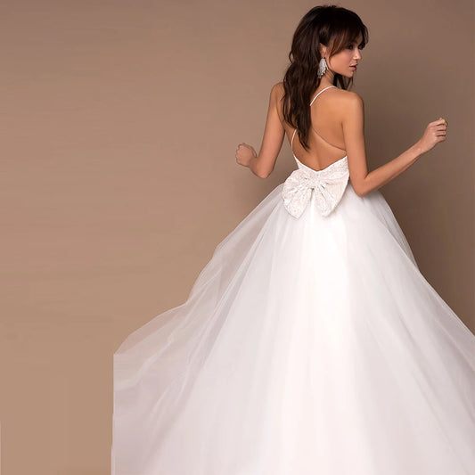 Customized Tulle White Sexy Wedding Dresses for Women Spaghetti Strap Strapless with Bobo Sleeveless Bridal Gowns Backless