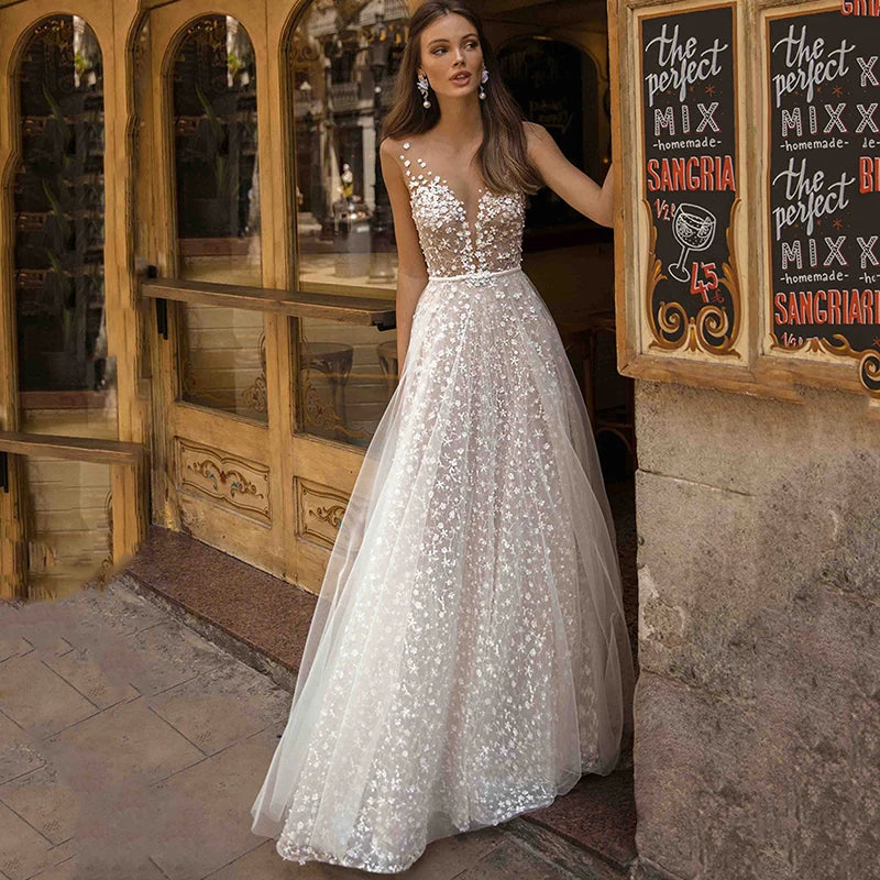 A-line lace wedding dress beach boho floor length princess charming party bridal gown plus size