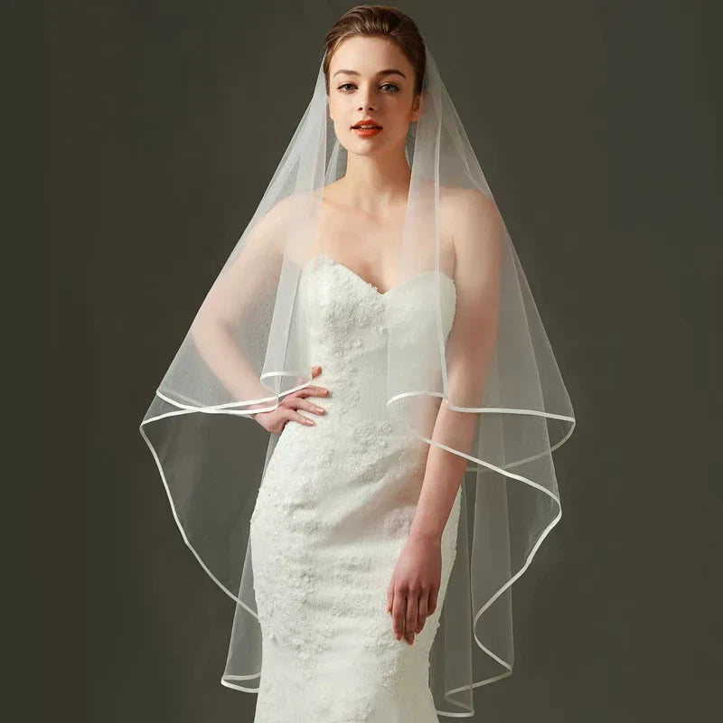 TOPQUEEN V97 Wedding Veil Long Bridal Veils 2 Layer Ribbon Edge Veil for Bride 3 Meters Wedding Accessories Veu de Noiva