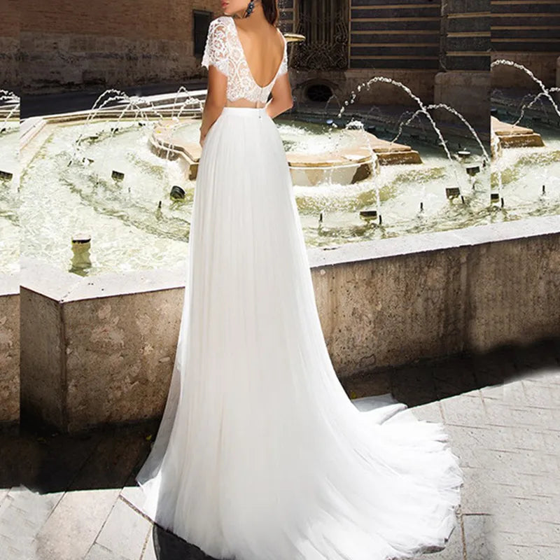 Two pieces beach chiffon lace short sleeve A-line backless sweep train wedding dress size chart