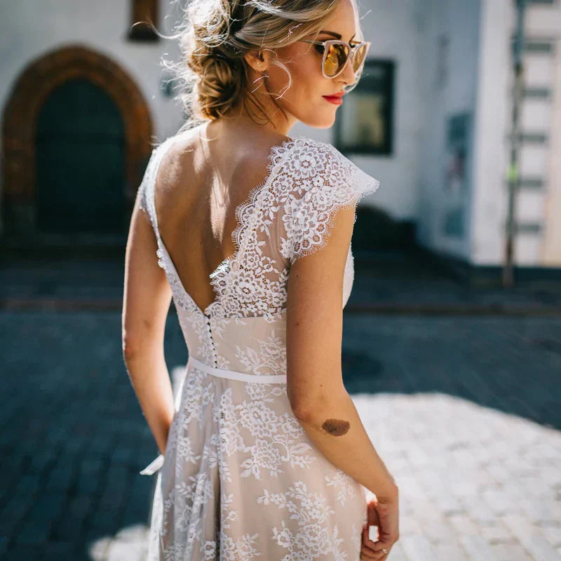 Vintage Champagne Lace Bohemian Wedding Dress A Line Cap Sleeve Sexy Backless Bridal Gown Vestidos de Novia