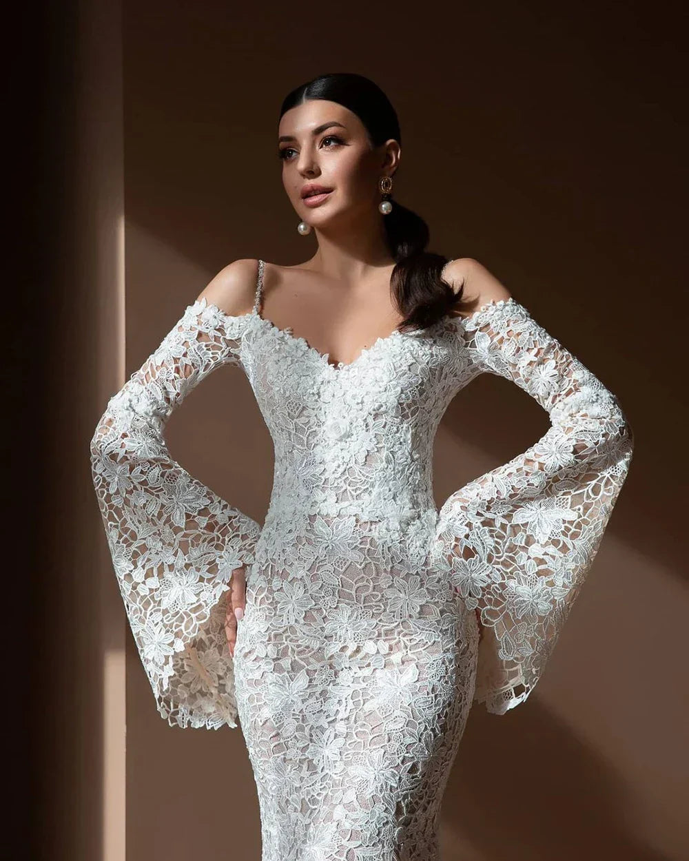 Lace Mermaid Wedding Dresses Appliques Long sleeves Sweetheart Bride Dress Backless Wedding Gown Plus Size