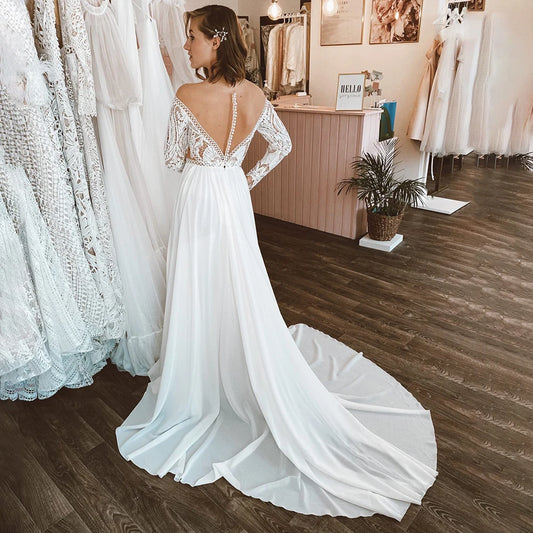 Illusion Off Shoulder Lace Wedding Dress with Train Customized Transparent Back Pearls Long Sleeves Chiffon A Line Bridal Gowns