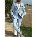 Slim groom wedding tuxedo sky blue linen beach 2 piece summer men suit jacket pants side view