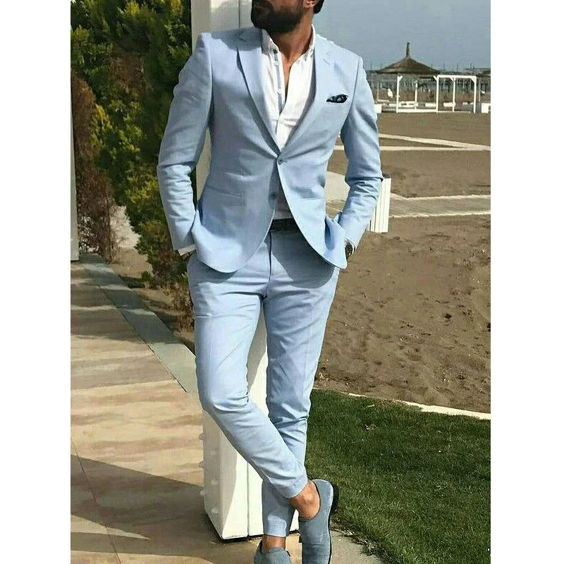 Slim groom wedding tuxedo sky blue linen beach 2 piece summer men suit jacket pants side view