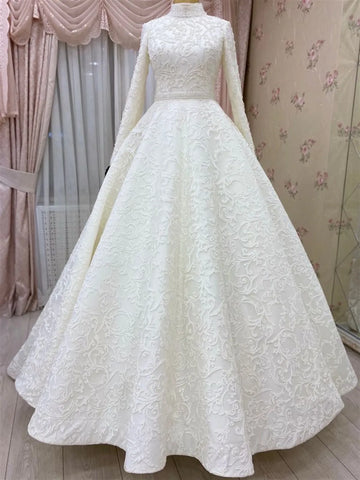 customized Luxury Lace Beaded Long Sleeve Muslim Wedding Dress High Neck Lace Bridal Dresses Robe De Soirée De Mariage