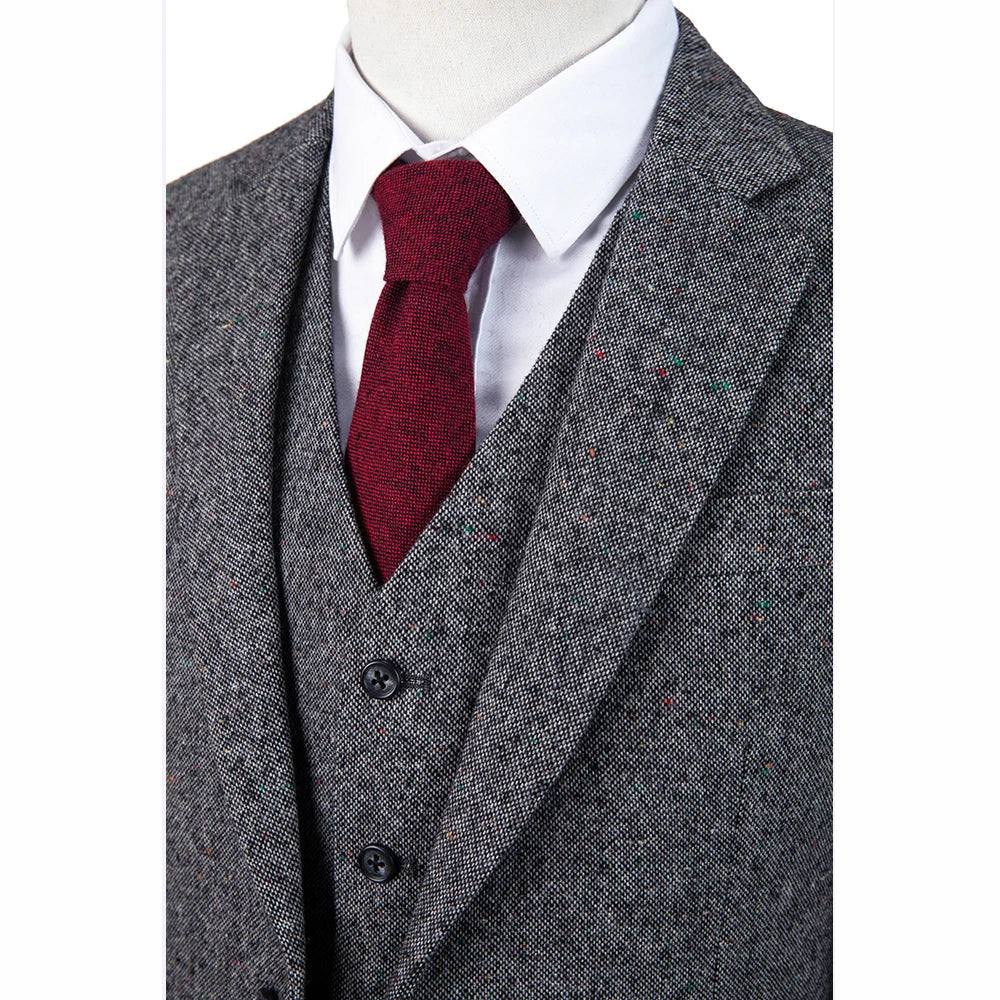 Slim fit vintage grey wool tweed groom wedding tuxedo men custom blazer suit side view