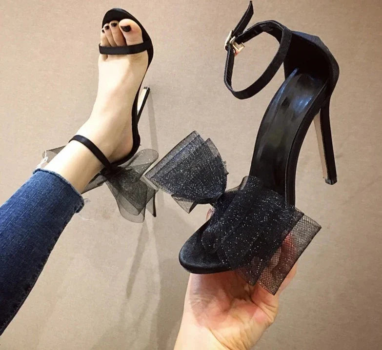Elegant Silk Pointed Open Toe High Heels Women's Mesh Butterfly knit Cover Heel Buckle Strap Sandals Party Dress