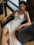 V-neck spaghetti straps beach backless tulle A-line bridal gown side view