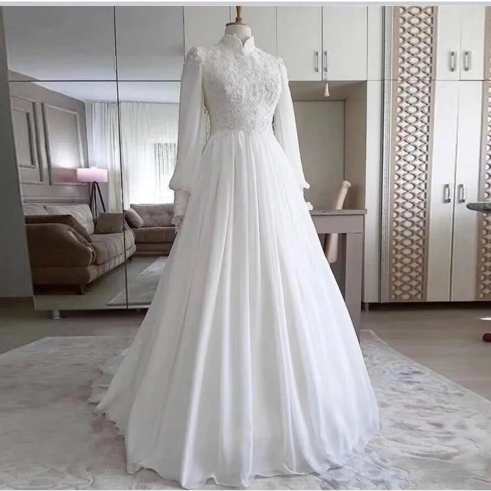 Muslim wedding dress long sleeves lace chiffon A-line Maldives bridal gown bride