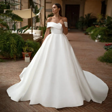 Abito Da Sposa Boat Neck Ball Gown Wedding Dress Off the Shoulder Simple Zipper Back Satin Robe Mariage - Image 1