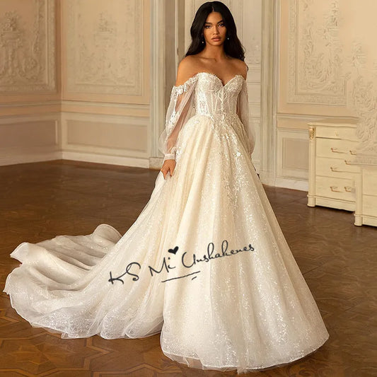 Luxury Wedding Dresses Sparky Glitter Long Sleeve Lace Bride Dress 2021 Vestidos de Noiva Vintage Princess Gothic Wedding Gowns