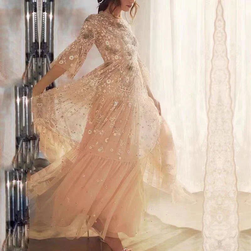 Fashion Designer Autumn Long Dress Women Luxury Embroidery Beading Crystal Flare Sleeve Mesh Party Dresses