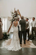 Open back lace vintage flare sleeves mermaid beach rustic boho bridal gown back view