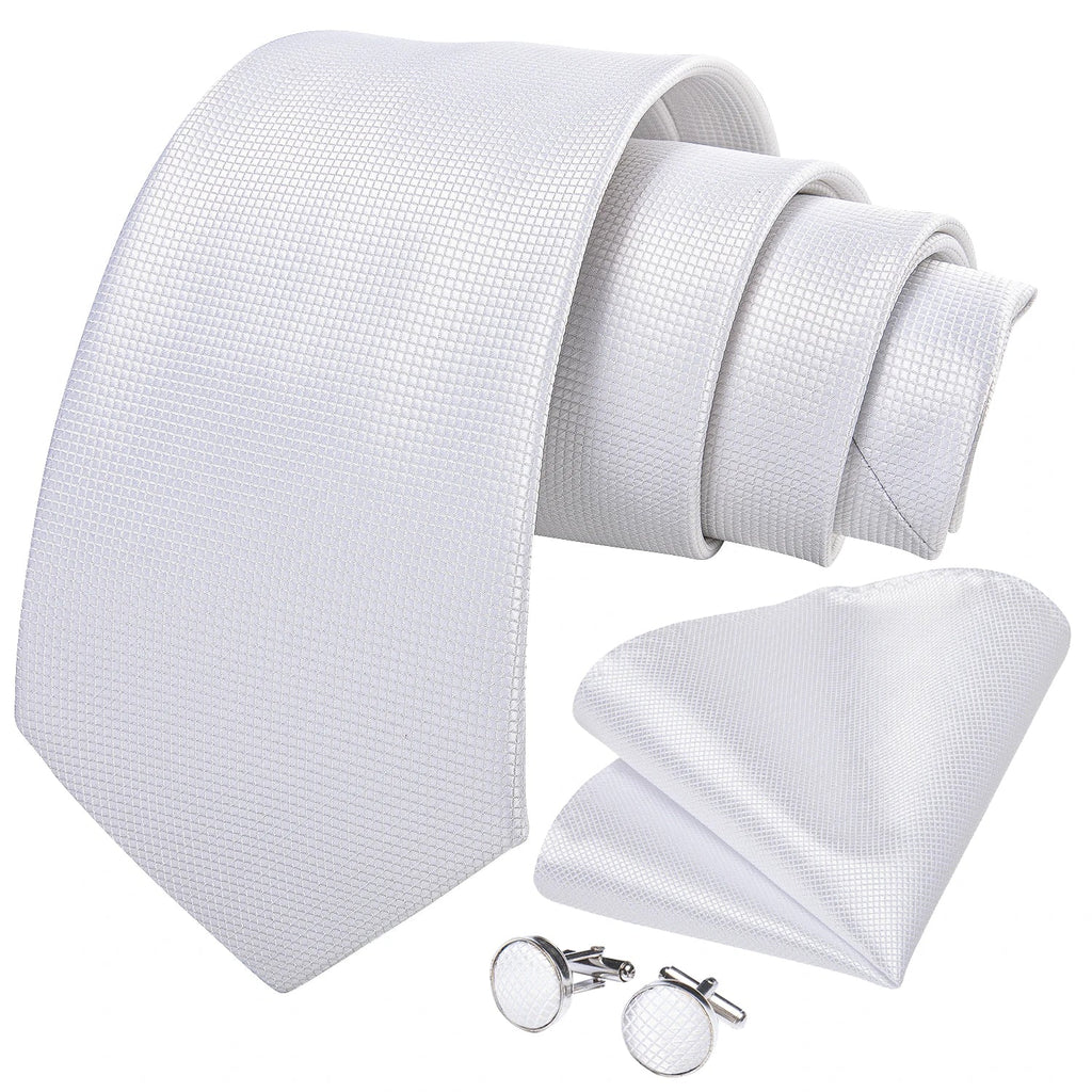 8cm Men Silk Tie White Solid Necktie Men's Formal Wedding Party Ties Cufflinks Hanky Flower Brooch Set Men Gift Corbatas DiBanGu
