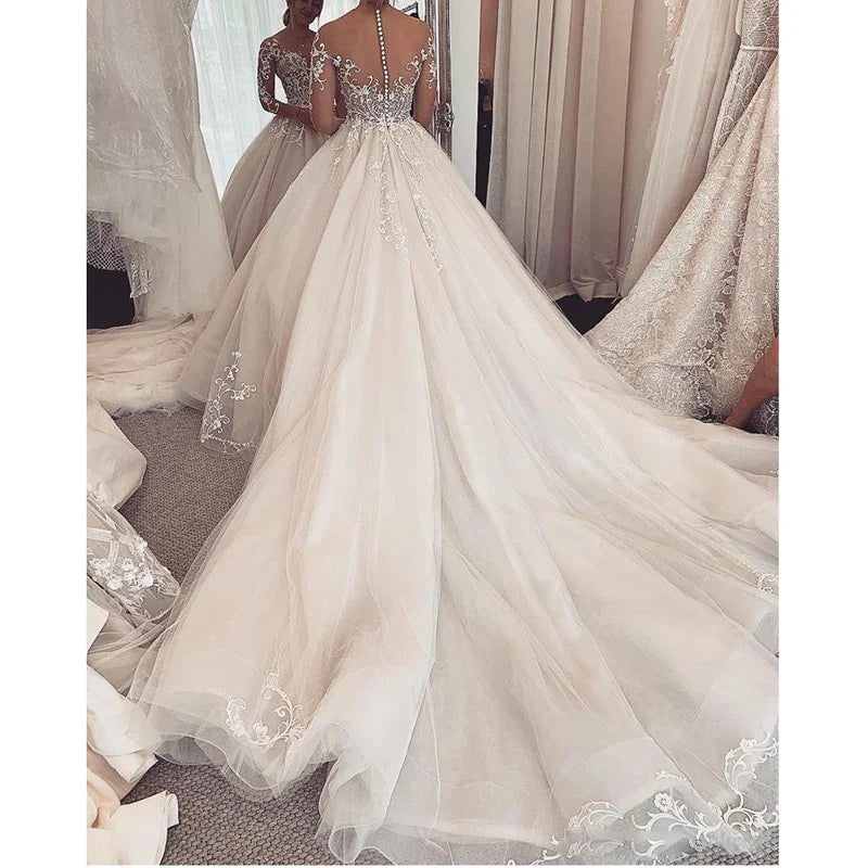 Princess illusion buttons V-neck long sleeves charming lace bride wedding gown back view