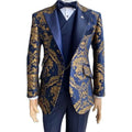 Navy blue gold floral jacquard 3 piece slim fit men groom wedding tuxedo jacket vest pant
